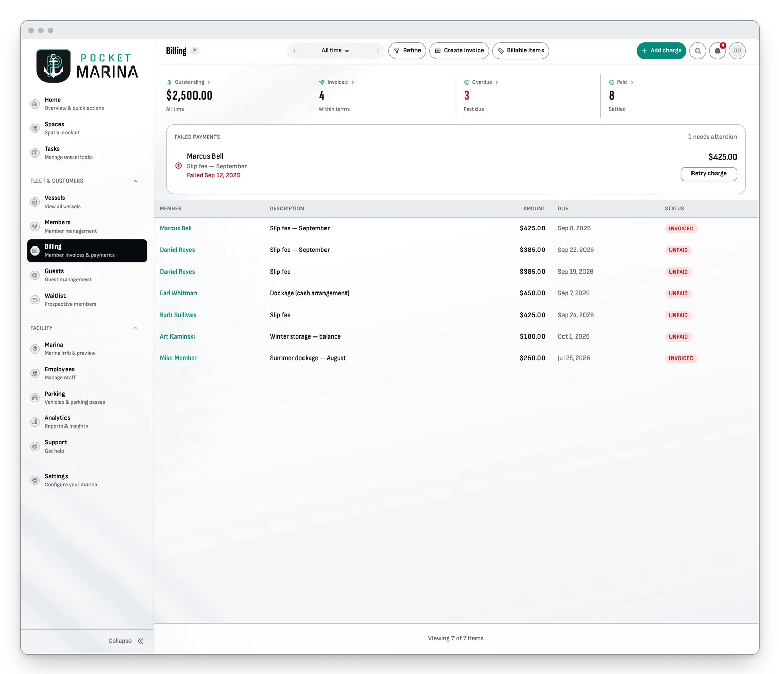 Billing on a desktop: outstanding, invoiced, overdue and paid totals above a list of invoices with their due dates and status.
