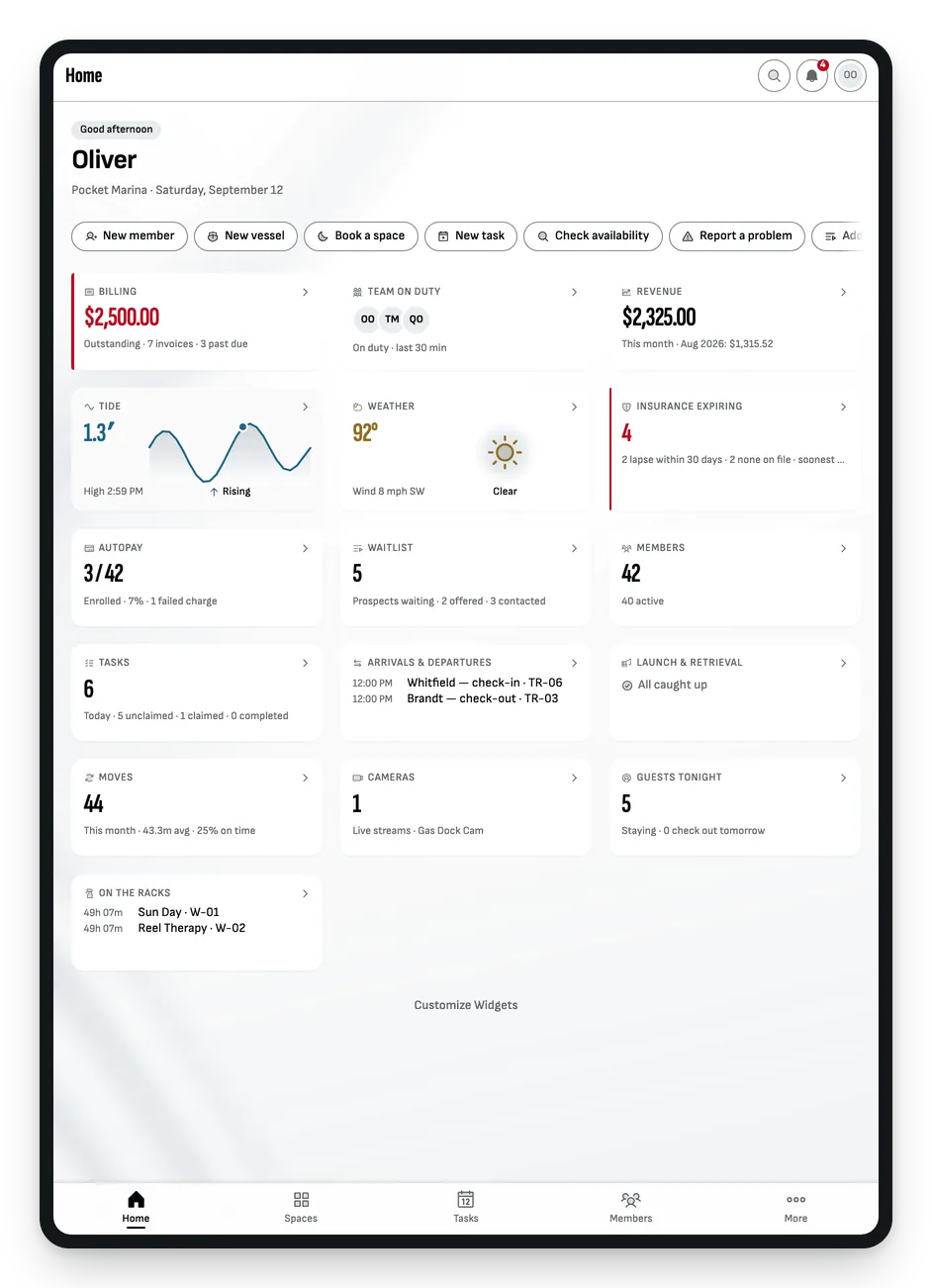 The Home screen on a tablet: billing outstanding, the team on duty, revenue this month, the tide, the weather and insurance expiring.