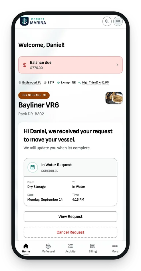The member’s Home screen on a phone: their launch request received and scheduled.