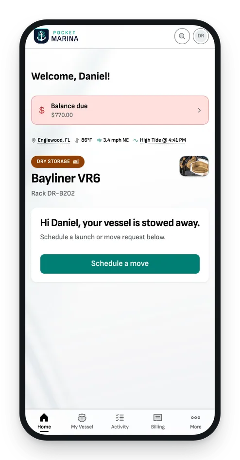 The member’s Home screen on a phone: a balance due, the weather and tide, their Bayliner VR6 on rack DR-B202 in dry storage, and a button to schedule a move.