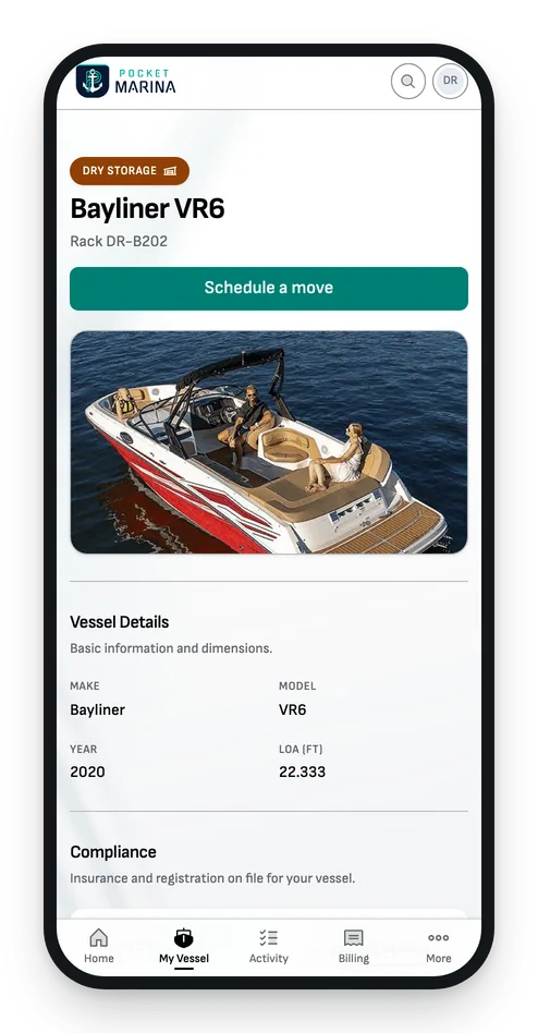 The member’s vessel page on a phone: a photo of the boat, a Schedule a move button and the vessel’s details.