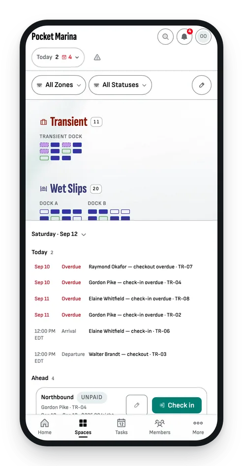 The Spaces map on a phone: the transient dock and wet slips zones, with today’s arrivals and departures listed below.